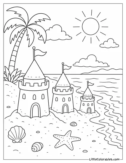 Three Sandcastles in a Row Shrinking Toward the Waterline Coloring Page