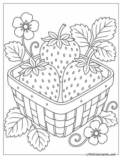 Three Strawberries Filling a Small Woven Berry Basket Perfectly Coloring Page