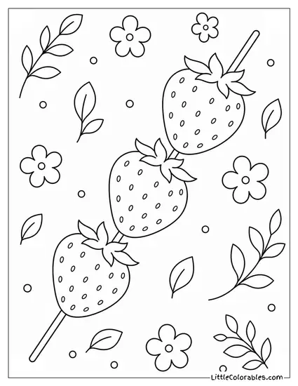 Three Strawberries Spaced Out Evenly on a Thin Wooden Skewer Coloring Page