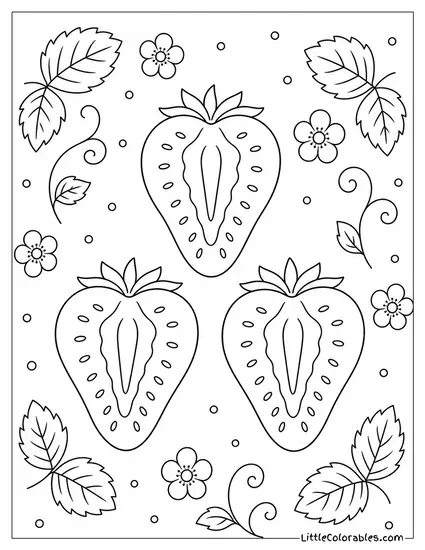Three Strawberry Slices Arranged in a Perfect Triangle Pattern Coloring Page