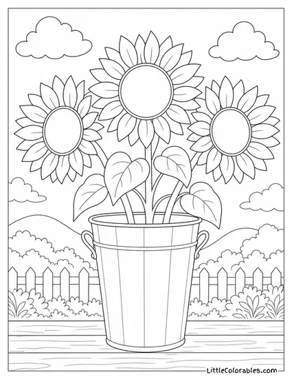Three Sunflowers in a Tall Galvanized Metal Bucket Coloring Page