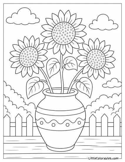Three Sunflowers in a Wide Mouthed Clay Pot Coloring Page