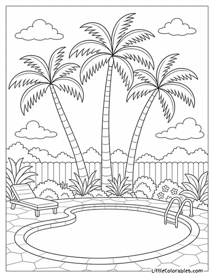 Three Tall Palm Trees Beside a Still Backyard Pool Coloring Page