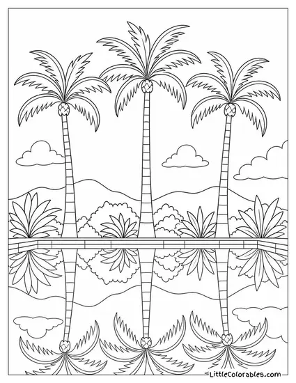 Three Tall Palm Trees Reflected in a Perfectly Still Pool Coloring Page