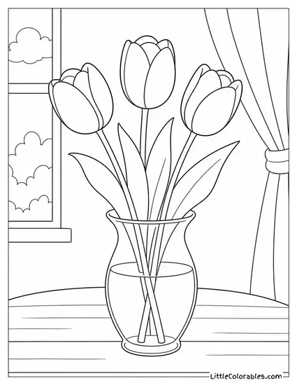 Three Tulips in a Simple Glass Vase with Water Coloring Page