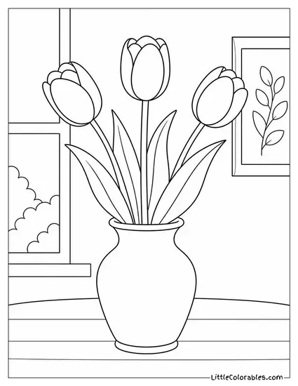 Three Tulips in a Simple White Ceramic Vase Coloring Page
