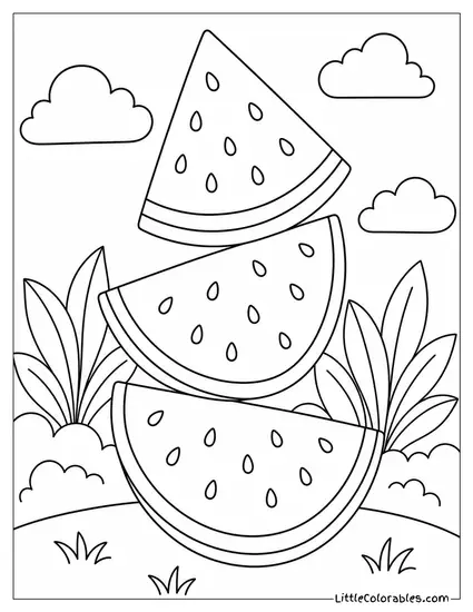 Three Watermelon Slices Stacked at Slight Angles Like a Leaning Tower Coloring Page
