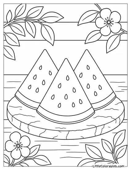Three Watermelon Wedges Fanned Out on a Round Stone Serving Tray Coloring Page