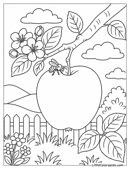 Tiny Honeybee Landing on a Fresh Red Apple Coloring Page