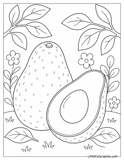 Two Avocados One Whole One Halved with Pit Still Inside Coloring Page