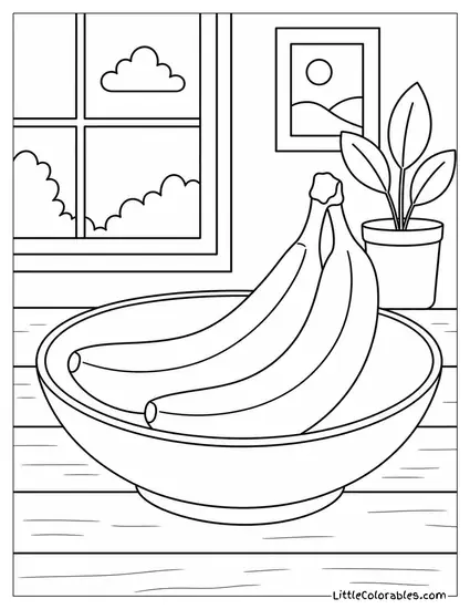 Two Bananas Resting Inside a Simple Shallow Fruit Bowl Coloring Page