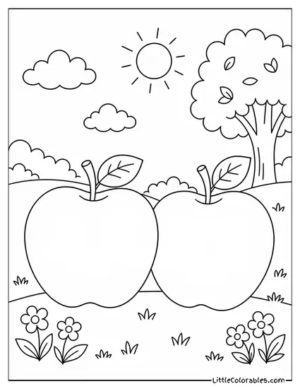 Two Cartoon Apples Side by Side Smiling Happily Coloring Page