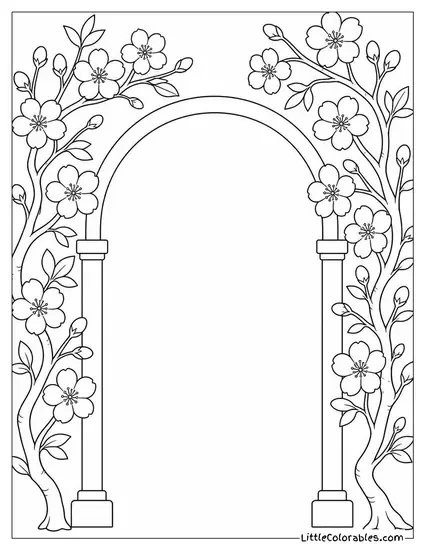 Two Cherry Blossom Branches Framing an Empty Arch Coloring Page