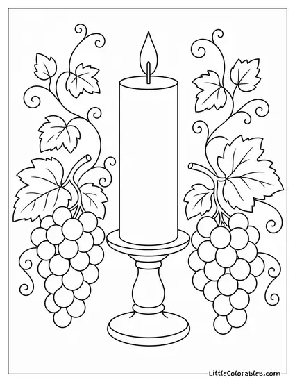 Two Grape Bunches Placed on Either Side of a Tall Pillar Candle Coloring Page