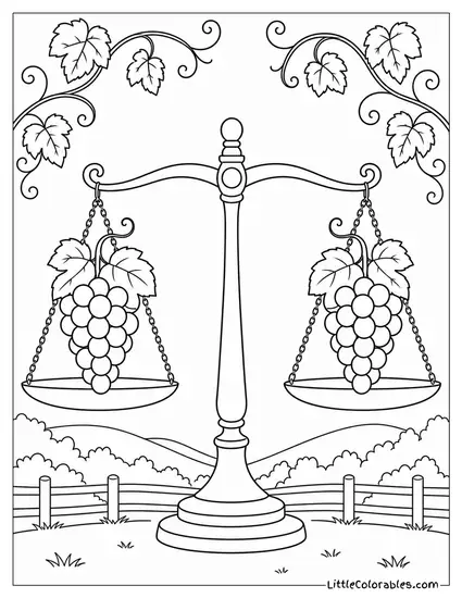 Two Grape Clusters Hanging from Opposite Ends of a Simple Wooden Bar Coloring Page