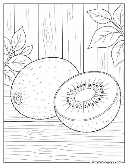 Two Kiwis One Whole One Sliced on a Wooden Surface Coloring Page