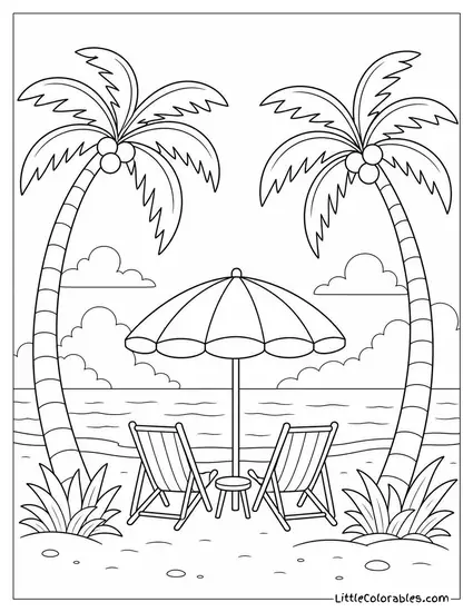 Two Leaning Palm Trees Framing a Lone Beach Umbrella and Chairs Coloring Page