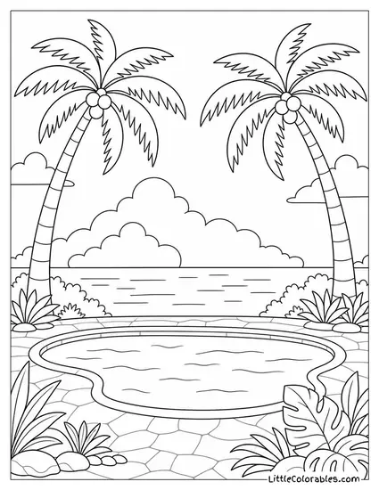 Two Leaning Palm Trees Framing a Pool With Ocean Beyond Coloring Page
