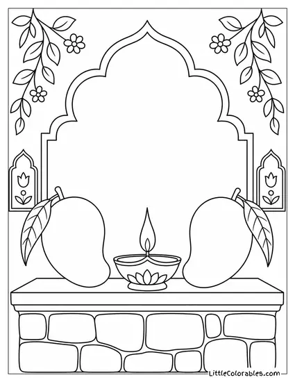 Two Mangoes Flanking a Small Oil Lamp on a Simple Stone Ledge Coloring Page