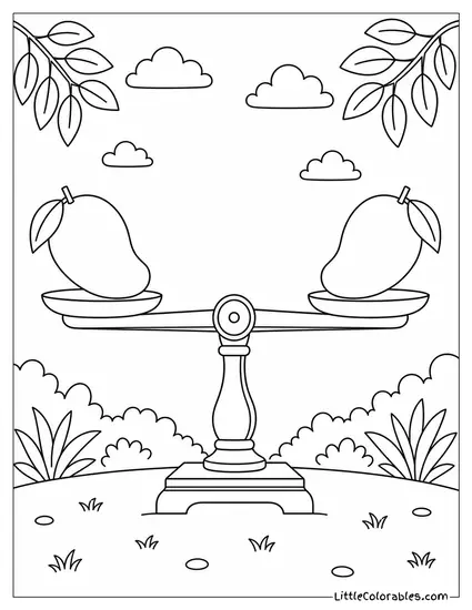 Two Mangoes Placed on Either End of a Wooden Balance Scale Coloring Page