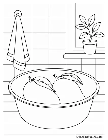 Two Mangoes Sitting in a Plain Enamel Washing Basin Coloring Page