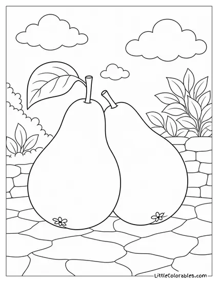 Two Pears Leaning Against Each Other on a Stone Surface Coloring Page