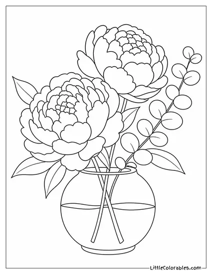 Two Peonies and a Sprig of Eucalyptus in a Round Vase Coloring Page