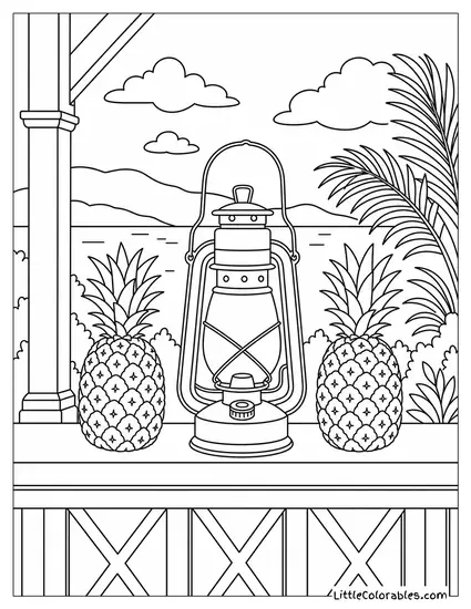 Two Pineapples Flanking a Tall Hurricane Lantern on a Porch Ledge Coloring Page