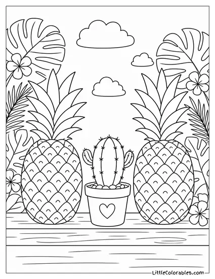 Two Pineapples Placed on Either Side of a Small Potted Cactus Coloring Page