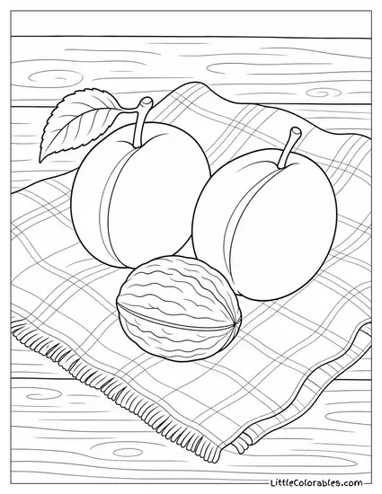 Two Plums and a Single Walnut on a Rustic Cloth Coloring Page