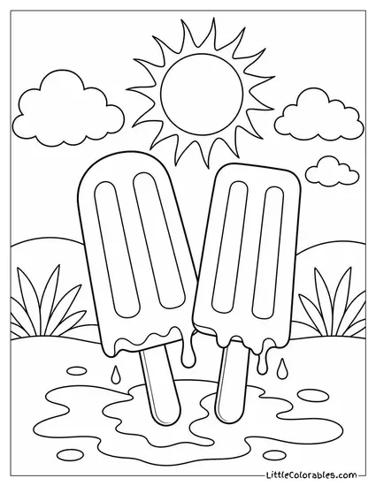 Two Popsicles Melting Side by Side in the Heat Coloring Page