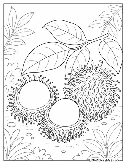 Two Rambutans Split Open Beside a Single Whole One Coloring Page