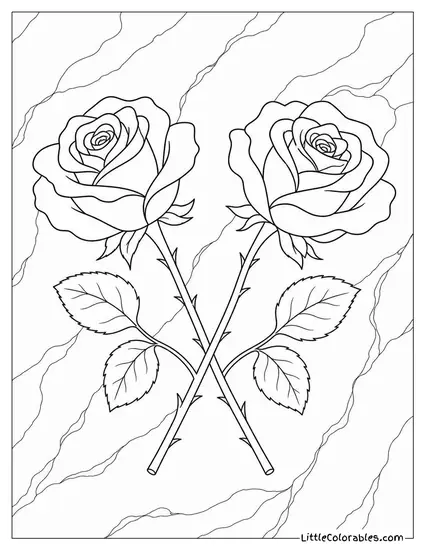 Two Roses Crossed at the Stems on a Marble Surface Coloring Page