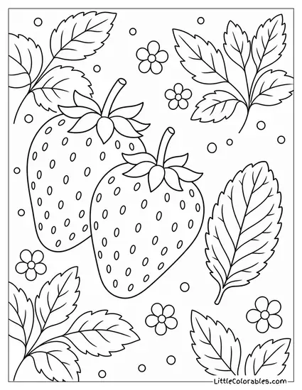 Two Strawberries Next to a Single Clean Mint Leaf for Contrast Coloring Page