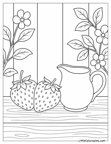 Two Strawberries Placed Next to a Small White Ceramic Pitcher Coloring Page