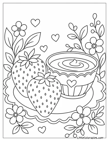 Two Strawberries Resting Next to a Small Decorative Chocolate Coloring Page