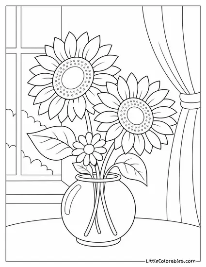 Two Sunflowers and a Small Daisy in a Short Round Vase Coloring Page