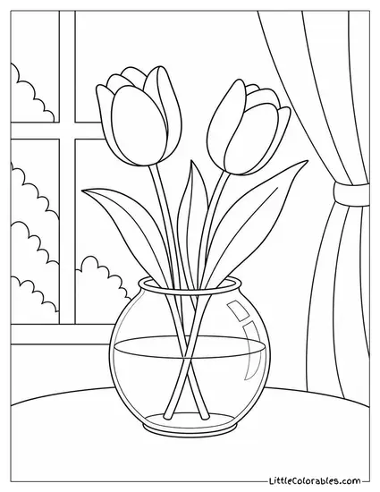 Two Tulips in a Small Round Fishbowl Vase Coloring Page