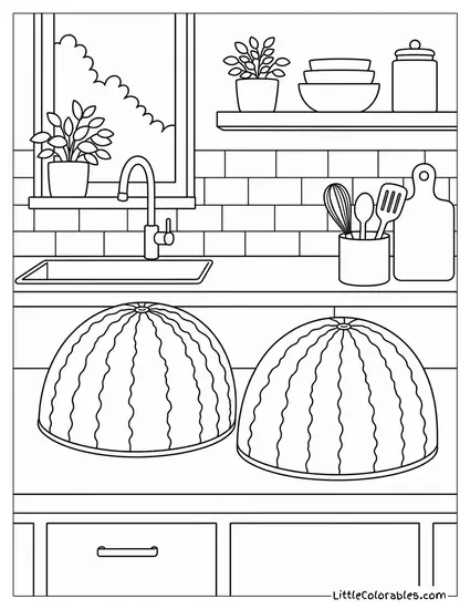 Two Watermelon Halves Placed Face Down Like Bowls on a Kitchen Counter Coloring Page