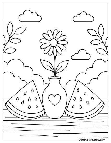 Two Watermelon Wedges Flanking a Small Vase With a Single Daisy Coloring Page