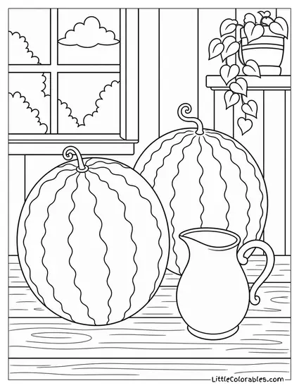Two Whole Watermelons Placed Beside a Small White Ceramic Pitcher Coloring Page