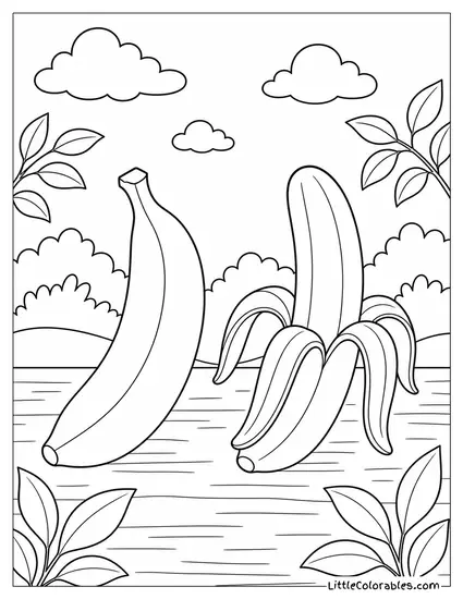 Unpeeled Banana Next to a Fully Peeled Banana for Comparison Coloring Page