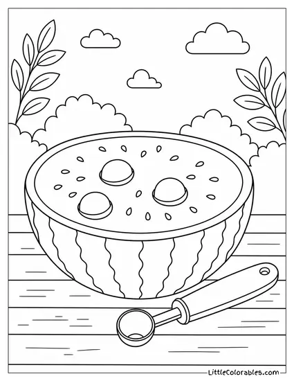 Watermelon Half With a Melon Baller Tool Resting Beside It Coloring Page