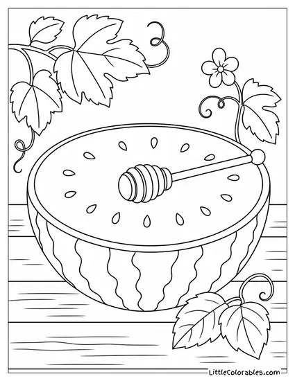Watermelon Half With a Small Honey Dipper Resting Across the Top Coloring Page