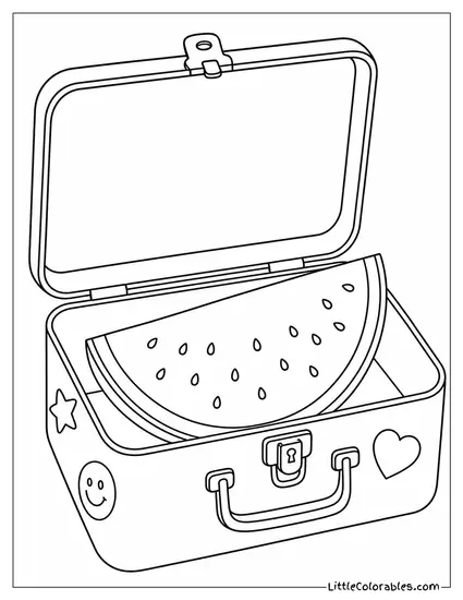 Watermelon Slice Resting Inside an Open Vintage Lunchbox Coloring Page