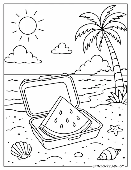Watermelon Wedge Sitting Inside a Simple Open Clamshell on the Beach Coloring Page