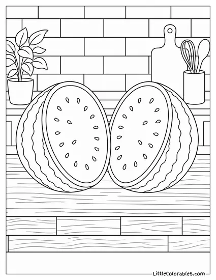Whole Watermelon Split Open on a Plain Butcher Block Counter Coloring Page