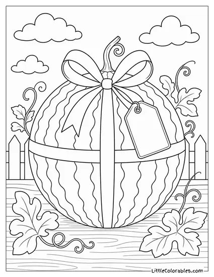 Whole Watermelon With a Ribbon Tied Around It and a Small Gift Tag Coloring Page