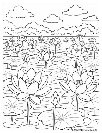 Wide Pond Filled Entirely with Blooming Lotus Flowers Coloring Page