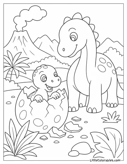 A Baby Dinosaur Hatching While Its Parent Watches Nearby Coloring Page